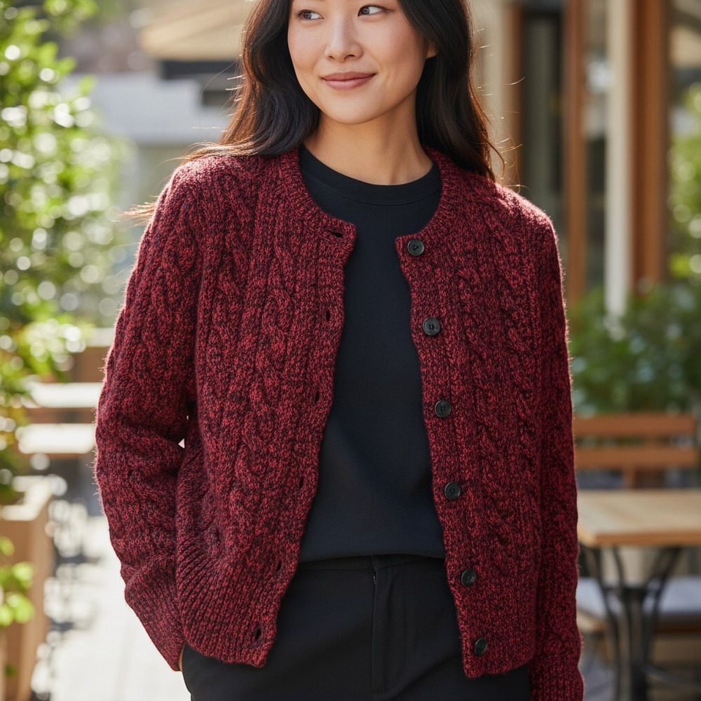 Polo Ralph Lauren Cardigan Womens M Red Black Cable Knit Wool Cotton Sweater